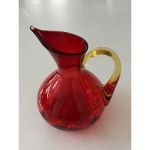 Vintage Amberina Glass Hand Blown Glowing Pitcher with Yellow Handle 7.5"